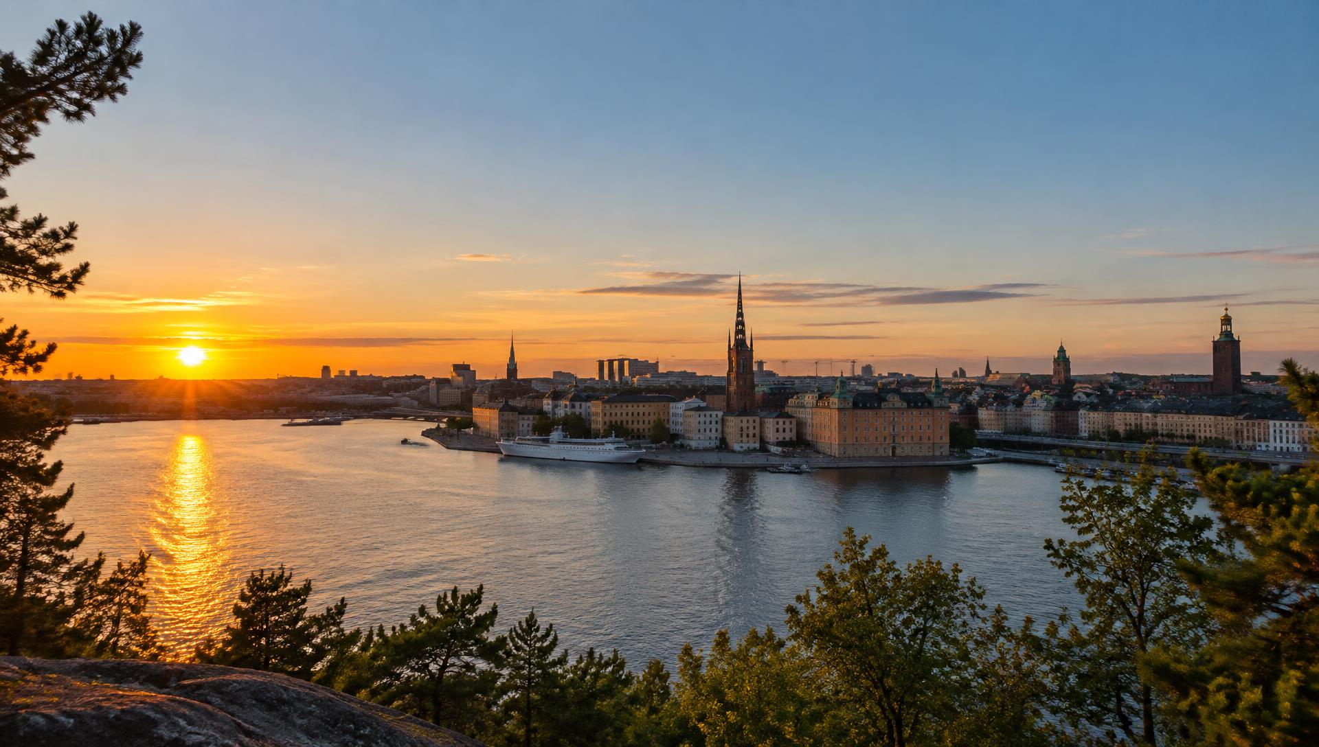Stockholm över vattnet i varm kvällssol
